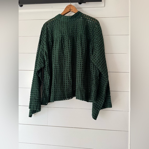 Asos Womens Eyelet Top Blouse Hunter Green Cotton Bell Sleeve Mock US Size 14 - Picture 2 of 8